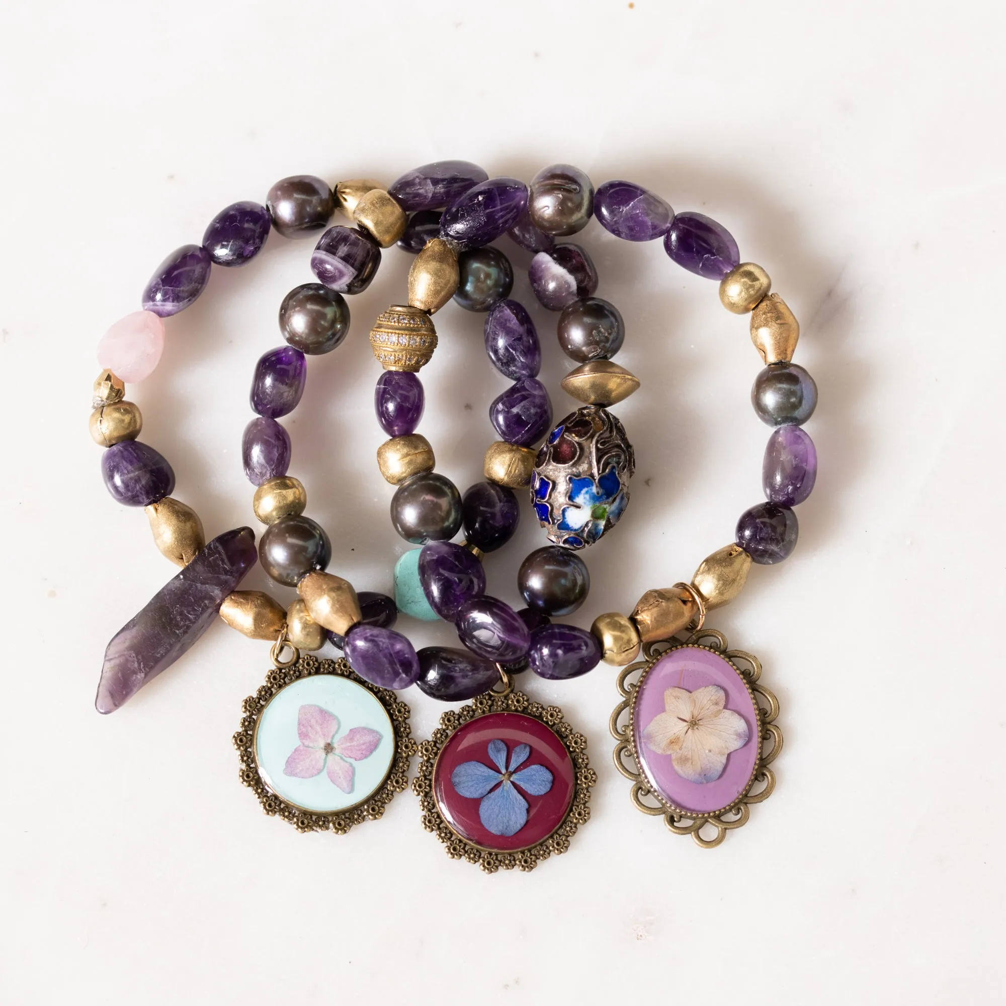 Amethyst, Brass, Pearl, CZ Diamond, and Pressed Flower Charm Bloom Bracelet