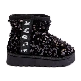 Children's Snow Boots Insulated with Sequins, Black Rebbica