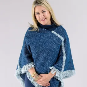 Indigo Dyed Wool and Cotton Fringed Maanita Poncho