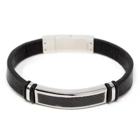 Stainless Steel Leather Bracelet W Fiber Station Black