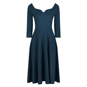 Teal Diamond Neckline 3/4 Sleeve Vintage Swing Midi Dress