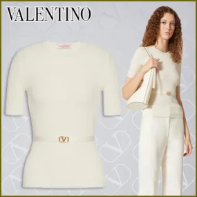 VALENTINO  |Wool Plain Elegant Style Logo V-neck & Crew neck