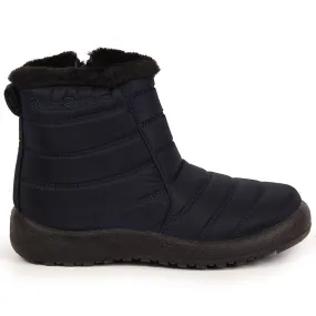 Waterproof snow boots with a navy blue NEWS zipper