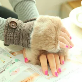 Women Girl Warm Faux Rabbit Fur Wrist Fingerless Gloves Mittens White Gloves Cold Feida