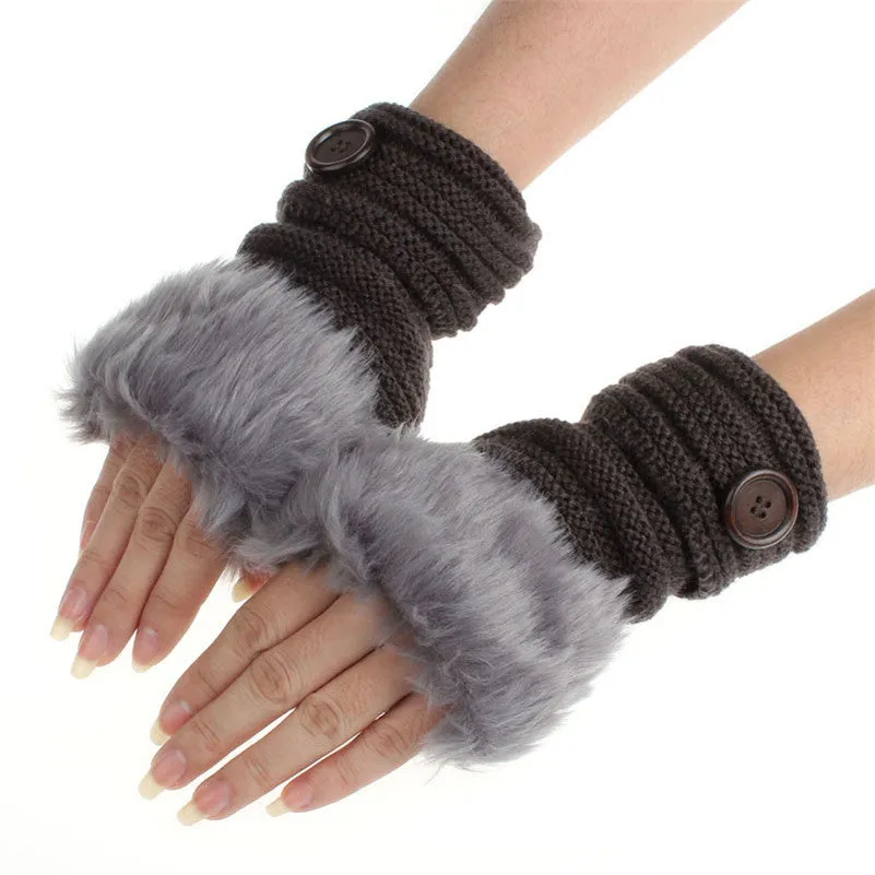 Women Girl Warm Faux Rabbit Fur Wrist Fingerless Gloves Mittens White Gloves Cold Feida