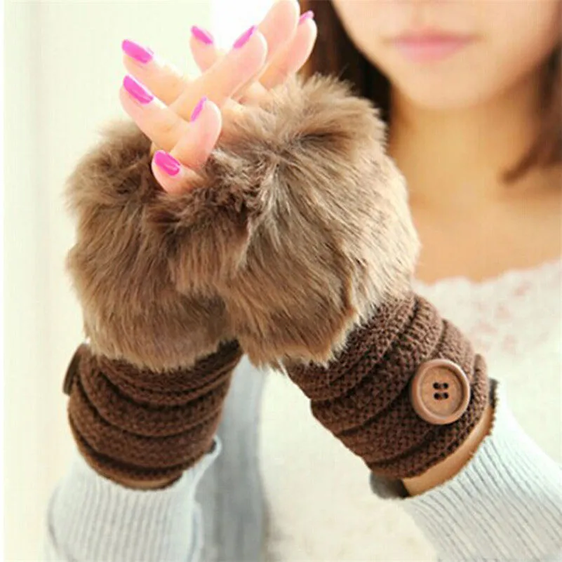 Women Girl Warm Faux Rabbit Fur Wrist Fingerless Gloves Mittens White Gloves Cold Feida