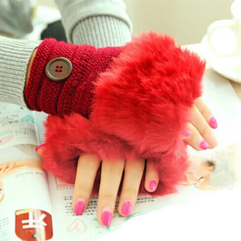 Women Girl Warm Faux Rabbit Fur Wrist Fingerless Gloves Mittens White Gloves Cold Feida