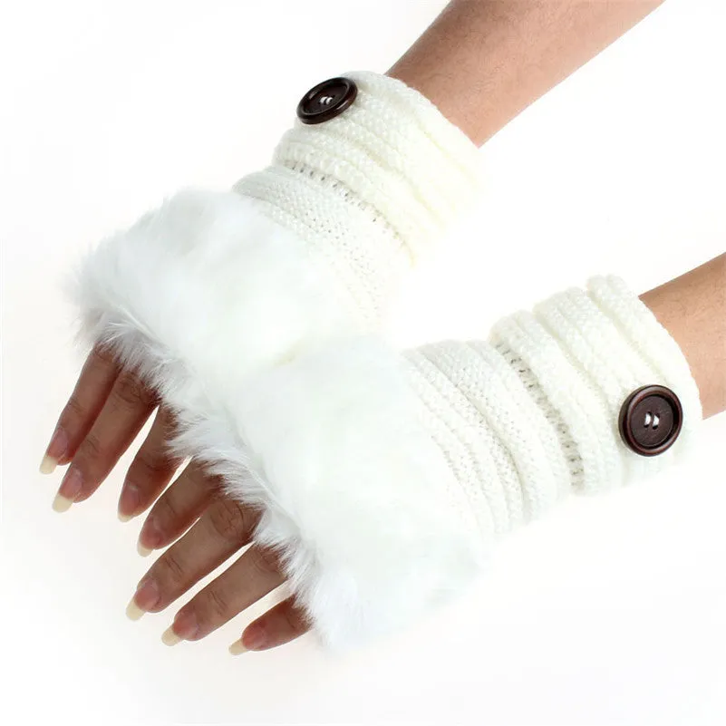 Women Girl Warm Faux Rabbit Fur Wrist Fingerless Gloves Mittens White Gloves Cold Feida