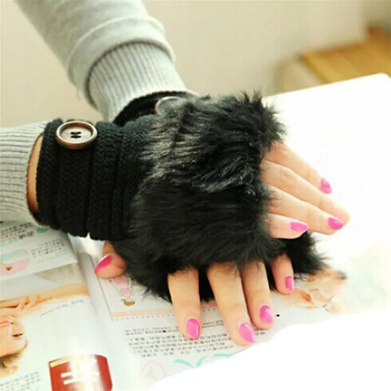 Women Girl Warm Faux Rabbit Fur Wrist Fingerless Gloves Mittens White Gloves Cold Feida